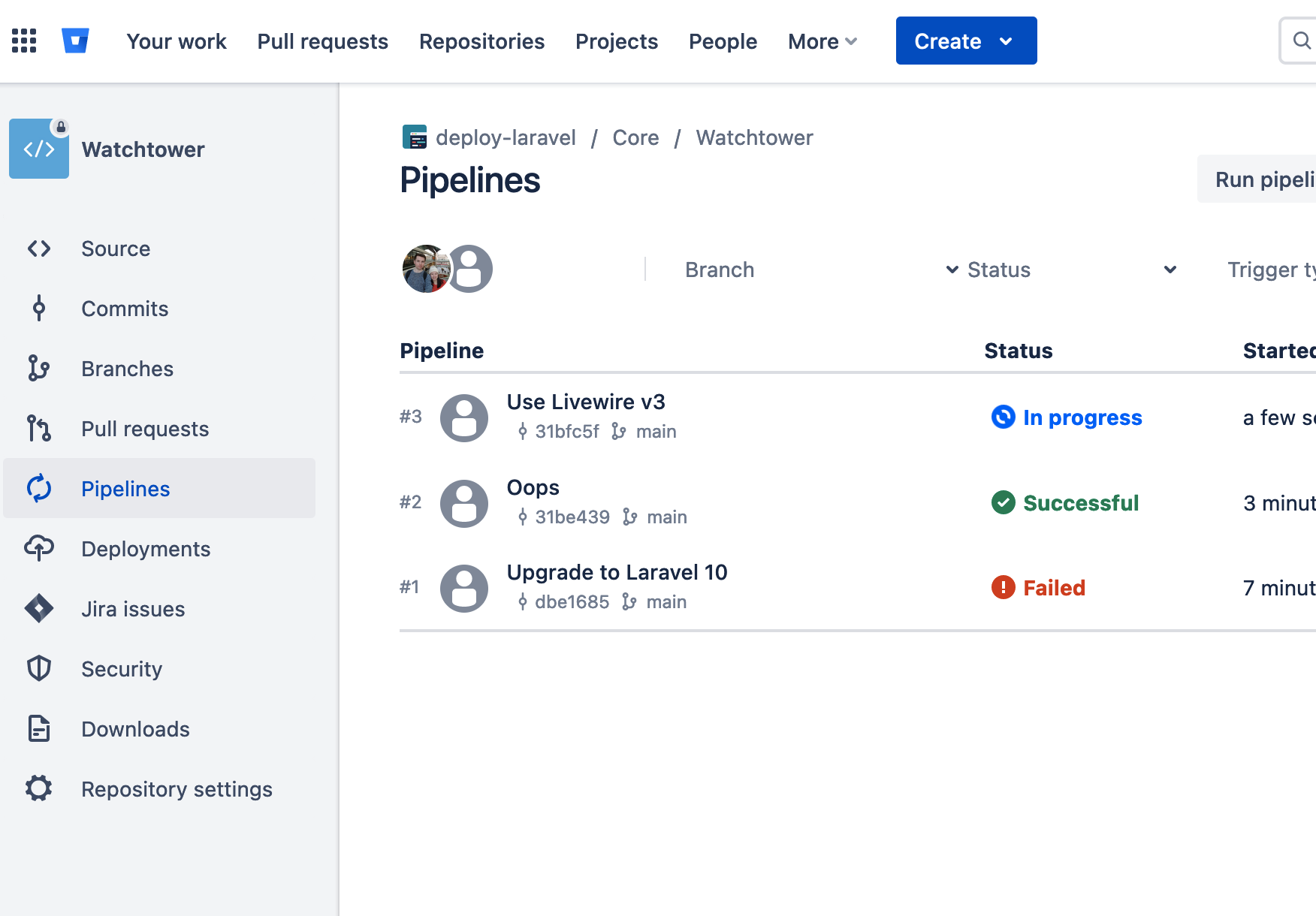 Screenshot of Bitbucket after a successful deployment